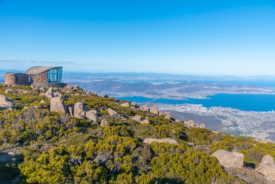 View of Hobart and Pinnacle shelter at Mount Wellington, Australia