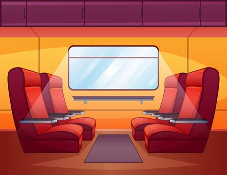 Train inside interior, empty railway car with comfortable seats near large window