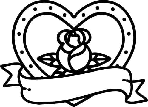 tattoo in black line style of a heart rose and banner