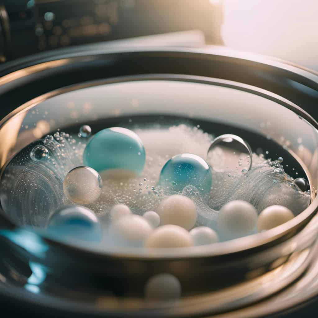 Silk garment submerged in a washing machine drum filled with water, soap bubbles floating on top, and a delicate cycle setting highlighted on the machine panel