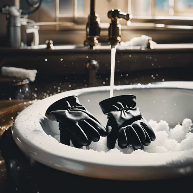 Ge featuring a pair of welding gloves, a sink filled with soapy water, and a question mark hovering over the gloves, symbolizing the uncertainty of washing them