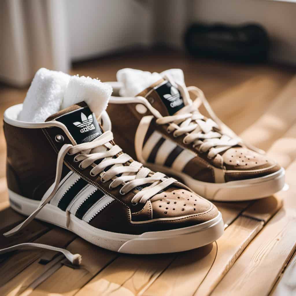 Ize a pair of dirty Adidas sneakers, a bucket filled with soapy water, a soft brush, and a towel, all set on a light wooden floor, with a bright, clean background